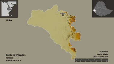 Gambela Halkı 'nın şekli, Etiyopya eyaleti ve başkenti. Uzaklık ölçeği, ön gösterimler ve etiketler. Topografik yardım haritası. 3B görüntüleme