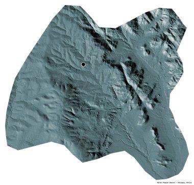 Harari Halkı 'nın şekli, Etiyopya eyaleti, başkenti beyaz arka planda izole edilmiş. Renkli yükseklik haritası. 3B görüntüleme