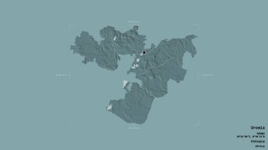 Oromia bölgesi, Etiyopya eyaleti, jeoreferatlı bir sınır kutusunda katı bir arka planda izole edilmiş. Etiketler. Renkli yükseklik haritası. 3B görüntüleme