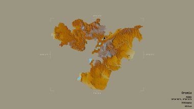 Oromia bölgesi, Etiyopya eyaleti, jeoreferatlı bir sınır kutusunda katı bir arka planda izole edilmiş. Etiketler. Topografik yardım haritası. 3B görüntüleme