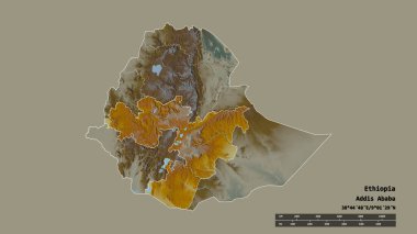 Başkenti, ana bölgesel bölümü ve ayrılmış Oromia bölgesi ile Etiyopya 'nın dejenere edilmiş şekli. Etiketler. Topografik yardım haritası. 3B görüntüleme