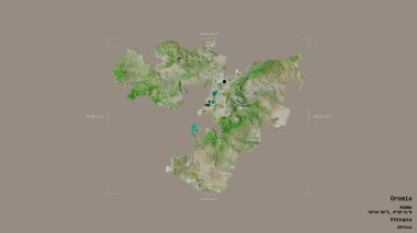 Oromia bölgesi, Etiyopya eyaleti, jeoreferatlı bir sınır kutusunda katı bir arka planda izole edilmiş. Etiketler. Uydu görüntüleri. 3B görüntüleme