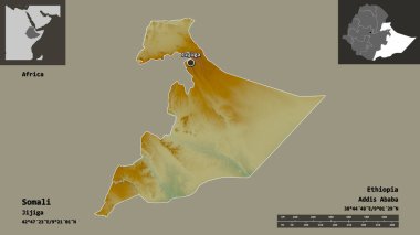 Somali 'nin şekli, Etiyopya eyaleti ve başkenti. Uzaklık ölçeği, ön gösterimler ve etiketler. Topografik yardım haritası. 3B görüntüleme
