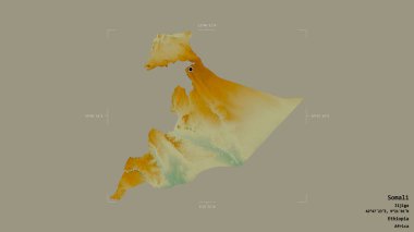 Somali bölgesi, Etiyopya eyaleti, jeoreferatlı bir sınır kutusunda katı bir arka planda izole edilmiş. Etiketler. Topografik yardım haritası. 3B görüntüleme