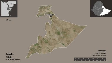 Somali 'nin şekli, Etiyopya eyaleti ve başkenti. Uzaklık ölçeği, ön gösterimler ve etiketler. Uydu görüntüleri. 3B görüntüleme
