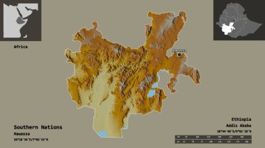 Güney uluslarının şekli, Etiyopya eyaleti ve başkenti. Uzaklık ölçeği, ön gösterimler ve etiketler. Topografik yardım haritası. 3B görüntüleme