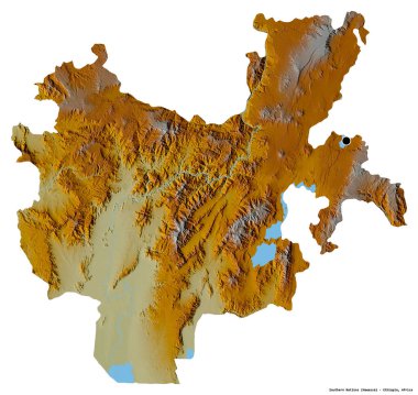 Güney Ulusları 'nın şekli, Etiyopya eyaleti, başkenti beyaz arka planda izole edilmiş. Topografik yardım haritası. 3B görüntüleme
