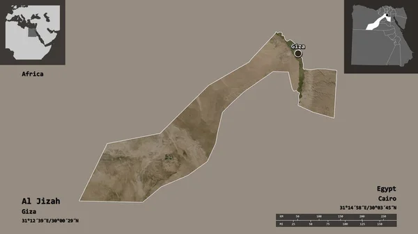 埃及吉萨省的形状 和埃及的首都 距离刻度 预览和标签 卫星图像 3D渲染 — 图库照片