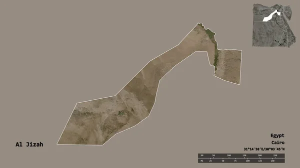 埃及Jizah省的形状 其首都在坚实的背景下与世隔绝 距离尺度 区域预览和标签 卫星图像 3D渲染 — 图库照片