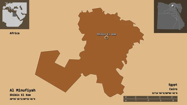 埃及省Al Minufiyah的形状及其首都 距离刻度 预览和标签 图形纹理的组成 3D渲染 — 图库照片