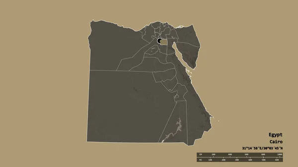 主要な地域部門と分離されたアルQahirahエリアとエジプトの荒廃した形状 ラベル 色の標高マップ 3Dレンダリング — ストック写真