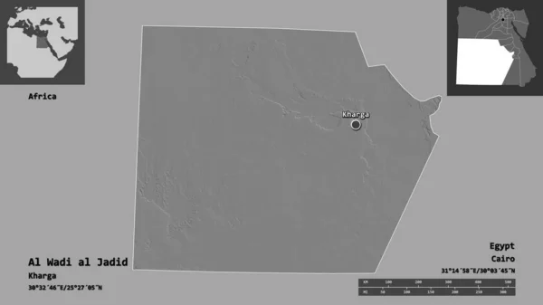 埃及省Al Wadi Jadid的形状及其首都 距离刻度 预览和标签 Bilevel高程图 3D渲染 — 图库照片