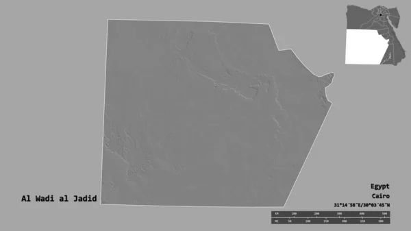 埃及省Al Wadi Jadid的形状 其首都在坚实的背景下与世隔绝 距离尺度 区域预览和标签 Bilevel高程图 3D渲染 — 图库照片