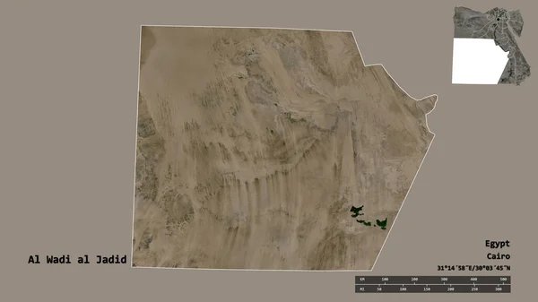 埃及省Al Wadi Jadid的形状 其首都在坚实的背景下与世隔绝 距离尺度 区域预览和标签 卫星图像 3D渲染 — 图库照片