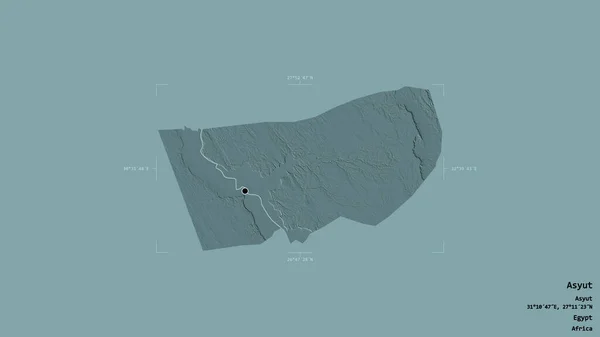埃及省Asyut地区 以坚实的背景隔离在一个地理参照方块中 彩色高程图 3D渲染 — 图库照片