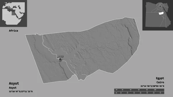 埃及省亚述的形状 和埃及的首都 距离刻度 预览和标签 Bilevel高程图 3D渲染 — 图库照片