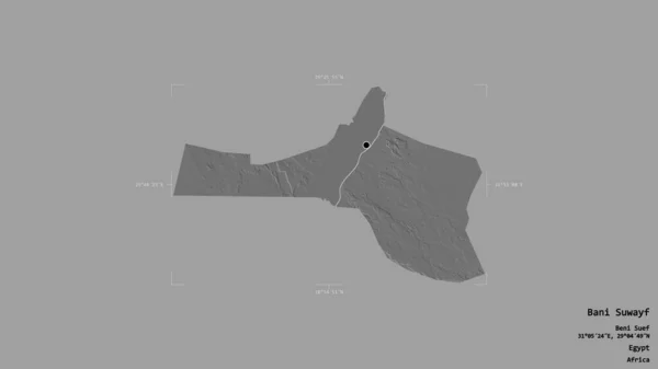 エジプトの統治者バニ スワフ Bani Suwayf の地域は 洗練された境界ボックス内の強固な背景に隔離されています ラベル 標高マップ 3Dレンダリング — ストック写真