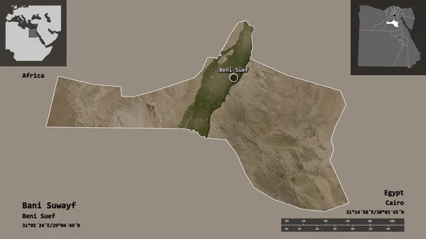 エジプトの統治者バニ スワフとその首都の形 距離スケール プレビューおよびラベル 衛星画像 3Dレンダリング — ストック写真