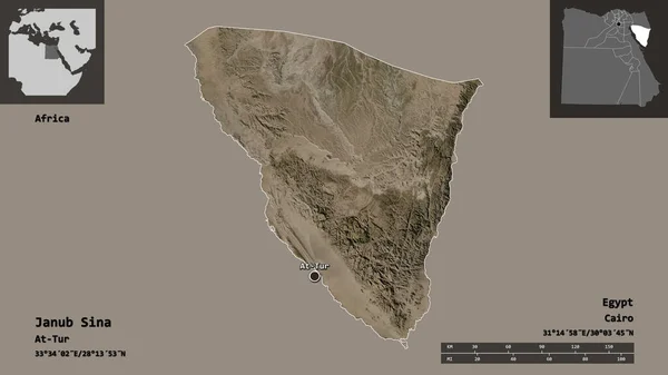 1月1日的形状 埃及锡纳省 及其首府 距离刻度 预览和标签 卫星图像 3D渲染 — 图库照片