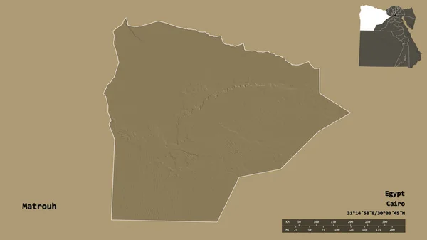 エジプトの統治者マトゥルフの形で その首都はしっかりとした背景に隔離されています 距離スケール リージョンプレビュー およびラベル 色の標高マップ 3Dレンダリング — ストック写真