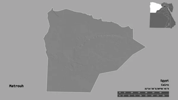 埃及省Matrouh的形状 其首都在坚实的背景上与世隔绝 距离尺度 区域预览和标签 Bilevel高程图 3D渲染 — 图库照片