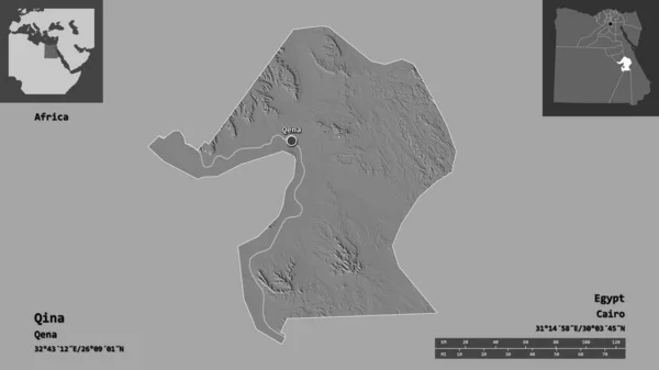 埃及吉纳省及其首府的形状 距离刻度 预览和标签 Bilevel高程图 3D渲染 — 图库照片