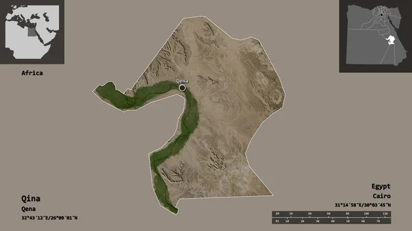 埃及吉纳省及其首府的形状 距离刻度 预览和标签 卫星图像 3D渲染 — 图库照片