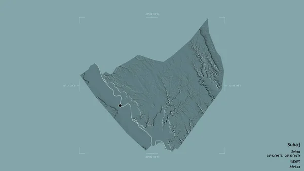 エジプトの統治者スハージの地域は 洗練された境界の箱の中にしっかりとした背景に隔離されています ラベル 色の標高マップ 3Dレンダリング — ストック写真
