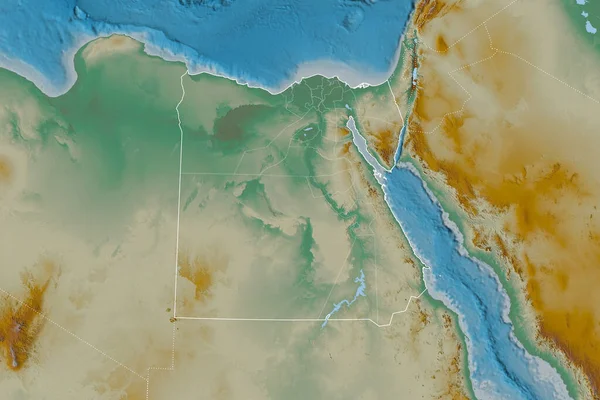 埃及幅员辽阔 有国家概况 国际和区域边界 地形浮雕图 3D渲染 — 图库照片