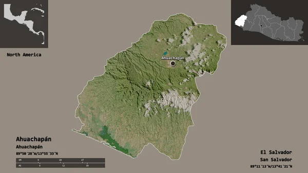 萨尔瓦多省Ahuachapan的形状及其首都 距离刻度 预览和标签 卫星图像 3D渲染 — 图库照片