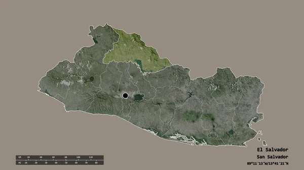 以首都 主要区域分部和分离的Chalatenango地区为首都的萨尔瓦多的绝望状态 卫星图像 3D渲染 — 图库照片