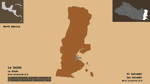 ユニオン エルサルバドル省 首都の形 距離スケール プレビューおよびラベル パターン化されたテクスチャの構成 3Dレンダリング — ストック写真