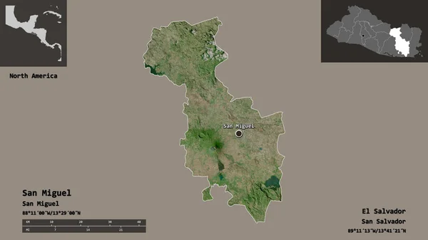 サンミゲルの形 エルサルバドルの部門 その首都 距離スケール プレビューおよびラベル 衛星画像 3Dレンダリング — ストック写真