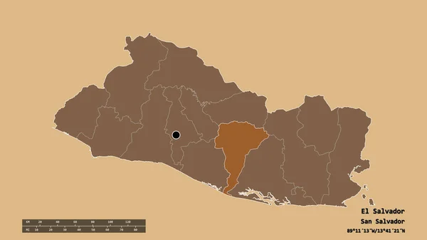 Salvador Kiszáradt Alakja Fővárosával Regionális Körzetével Szétválasztott San Vicente Területtel — Stock Fotó