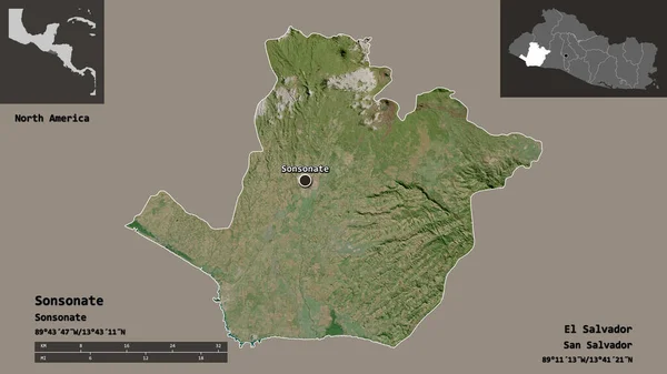 萨尔瓦多省Sonsonate的形状及其首都 距离刻度 预览和标签 卫星图像 3D渲染 — 图库照片