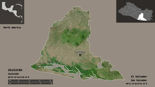 萨尔瓦多省乌苏卢坦的形状及其首都 距离刻度 预览和标签 卫星图像 3D渲染 — 图库照片