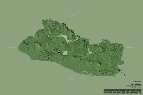 エルサルバドルの地域は 洗練された境界の箱の中の強固な背景に隔離されました 主な地域部門 距離スケール ラベル 色の標高マップ 3Dレンダリング — ストック写真