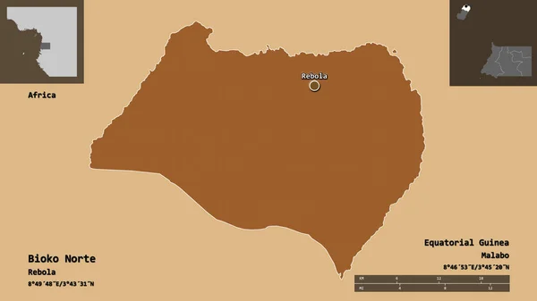 赤道ギニア国ビオコノルテ州とその首都の形 距離スケール プレビューおよびラベル パターン化されたテクスチャの構成 3Dレンダリング — ストック写真