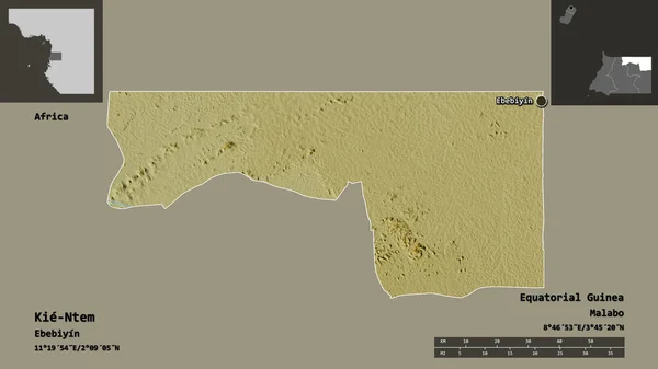 キエネム 赤道ギニアの州 およびその首都の形状 距離スケール プレビューおよびラベル 地形図 3Dレンダリング — ストック写真