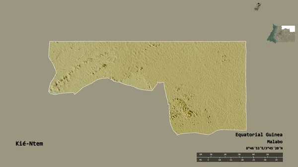赤道ギニアの州であるKie Ntemの形は その首都をしっかりとした背景に孤立させています 距離スケール リージョンプレビュー およびラベル 地形図 3Dレンダリング — ストック写真