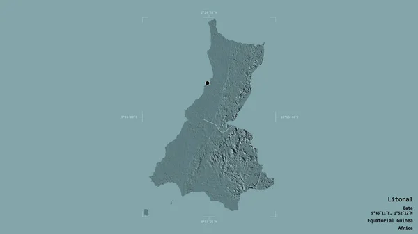 赤道ギニアの州リトラルの地域は 洗練された境界ボックス内の強固な背景に隔離されています ラベル 色の標高マップ 3Dレンダリング — ストック写真