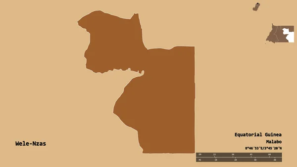 赤道ギニアの州であるWele Nzasの形は その資本がしっかりとした背景に隔離されています 距離スケール リージョンプレビュー およびラベル パターン化されたテクスチャの構成 3Dレンダリング — ストック写真