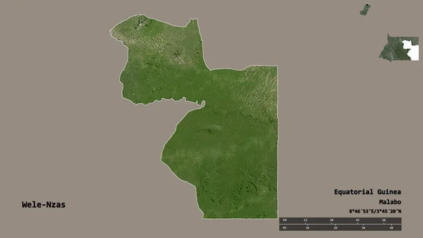 赤道ギニアの州であるWele Nzasの形は その資本がしっかりとした背景に隔離されています 距離スケール リージョンプレビュー およびラベル 衛星画像 3Dレンダリング — ストック写真