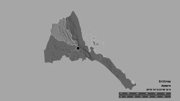 主要な地域部門と分離アンセバ地域とエリトリアの荒廃した形状 ラベル 標高マップ 3Dレンダリング — ストック写真