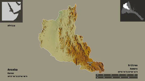 アンセバの形 エリトリアの地域 その首都 距離スケール プレビューおよびラベル 地形図 3Dレンダリング — ストック写真