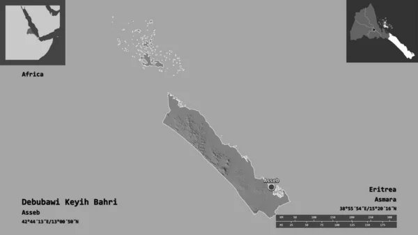 デバワウキハイバリの形 エリトリアの地域 およびその首都 距離スケール プレビューおよびラベル 標高マップ 3Dレンダリング — ストック写真