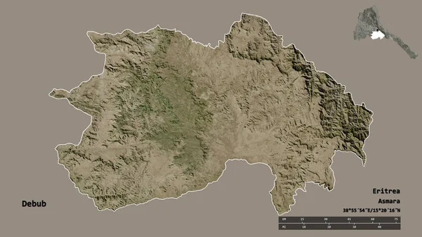 厄立特里亚地区的Debub形状 其首都在坚实的背景下与世隔绝 距离尺度 区域预览和标签 卫星图像 3D渲染 — 图库照片