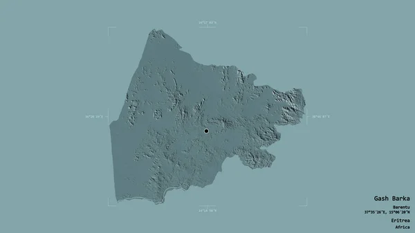 エリトリアの地域であるガス バルカの地域は 洗練された境界の箱の中でしっかりとした背景に隔離されています ラベル 色の標高マップ 3Dレンダリング — ストック写真