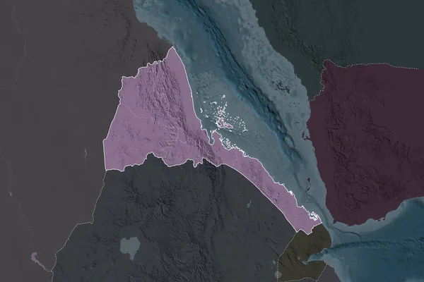 Kształt Erytrei Oddzielony Desaturacją Sąsiednich Obszarów Granice Kolorowa Mapa Elewacji — Zdjęcie stockowe