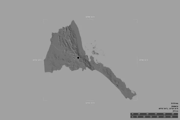 エリトリアの地域は 洗練された境界の箱の中でしっかりとした背景に隔離されました 主な地域部門 距離スケール ラベル 標高マップ 3Dレンダリング — ストック写真